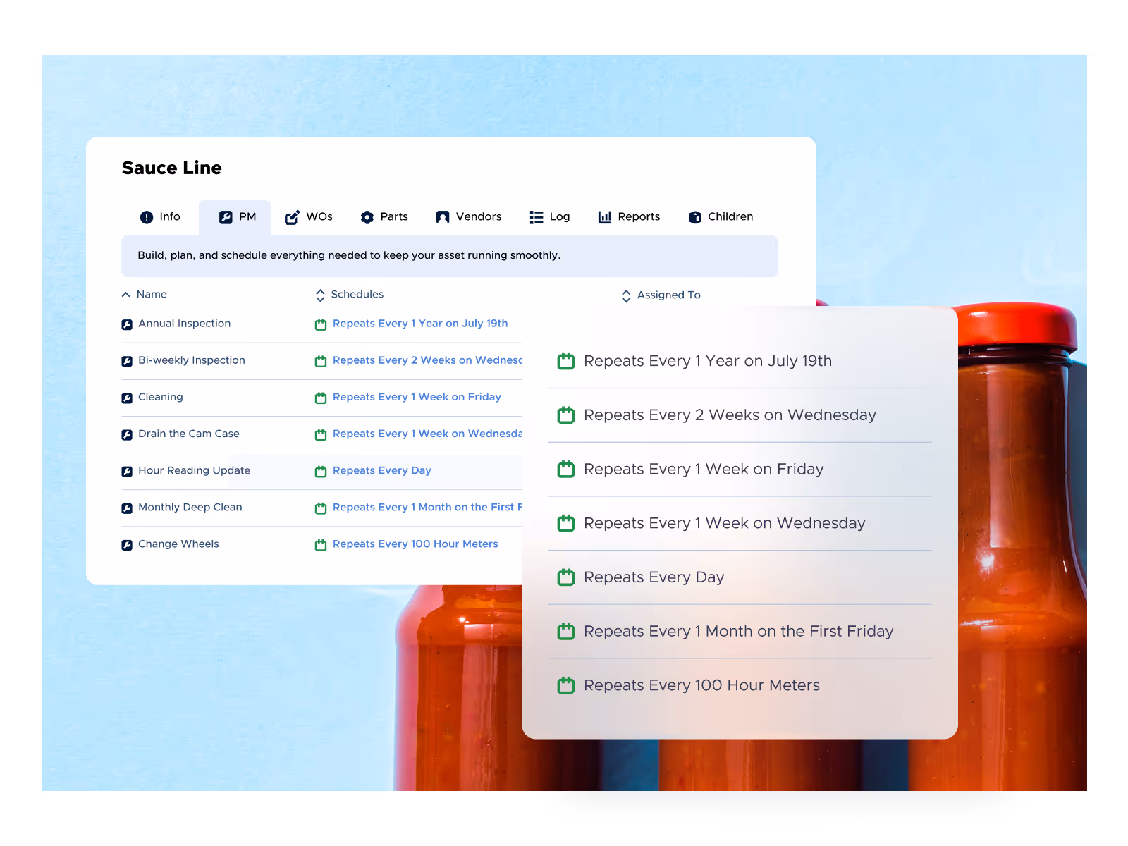 Screenshot of a task scheduling interface titled Sauce Line showing maintenance tasks with their repeat schedules such as annual inspection yearly on July 19, bi-weekly inspection on Wednesdays, cleaning weekly on Fridays, and others.